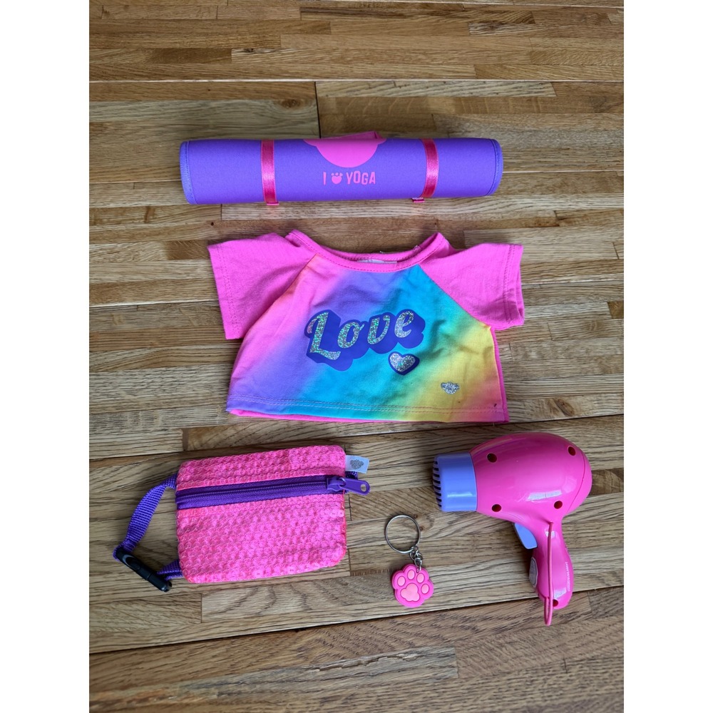Build a Bear Workshop Rainbow Love TShirt Yoga Mat Hair Dryer Purse Keychain Set